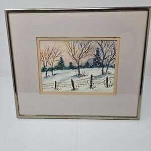 Watercolor Painting Winter Country Scene With Fence & Snow Artist Signed 12 x 10